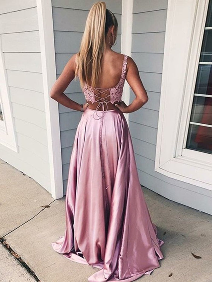 2 Pieces Pink Lace Prom Dresses, Two Pieces Pink Lace Formal Graduation Evening Dresses