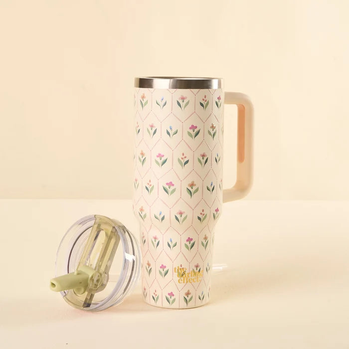 Ivory and pink floral travel tumbler