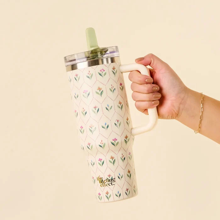 Ivory and pink floral travel tumbler