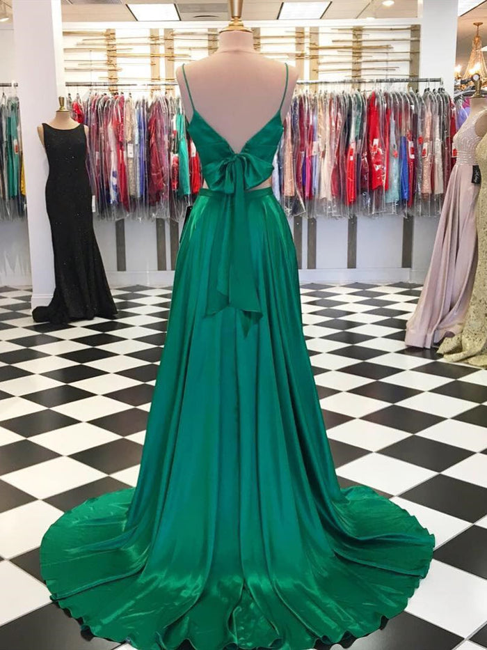 A Line 2 Pieces Green Prom Dresses, 2 Pieces Green Formal Graduation Evening Dresses