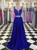 A Line 2 Pieces Royal Blue Beaded Prom Dresses, Royal Blue 2 Pieces Formal Graduation Dresses