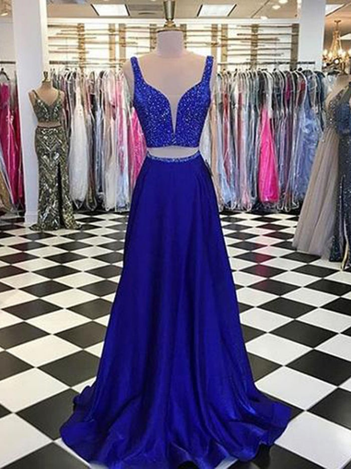 A Line 2 Pieces Royal Blue Beaded Prom Dresses, Royal Blue 2 Pieces Formal Graduation Dresses