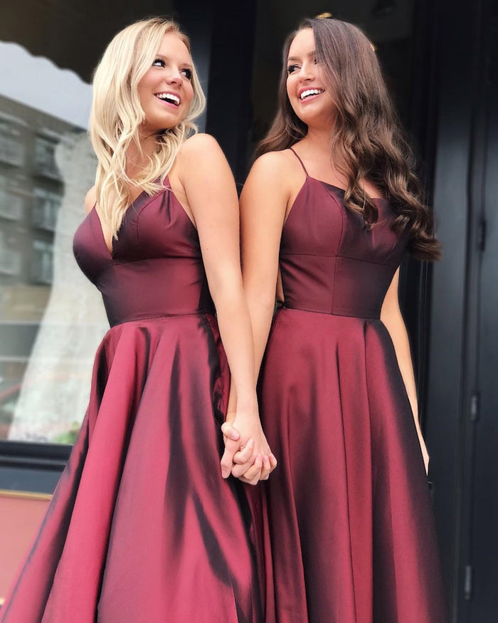 A Line Burgundy Long Prom Dresses, Burgundy Long Formal Graduation Evening Dresses