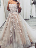 A Line Champagne Lace Wedding Dress, Champagne Lace Formal Graduation Evening Dresses