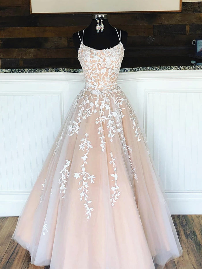 A Line Champagne Lace Wedding Dresses, Champagne Lace Prom Formal Evening Dresses with Corset Back