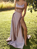 A Line Champagne Prom Dress with Leg Slit, Champagne Formal Dresses, Graduation Dresses