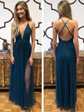 A Line Deep V Neck Backless Prom Dresses, V Neck Backless Formal Graduation Dresses, Backless Evening Dresses