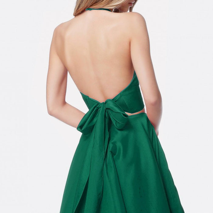A Line Halter Neck 2 Pieces Green Prom Dresses with Pocket, 2 Pieces Green V Neck Formal Evening Dresses