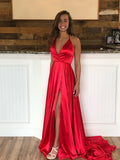 A Line Halter Neck Red Prom Dresses with Leg Slit, Halter Neck Red Open Back Formal Graduation Evening Dresses