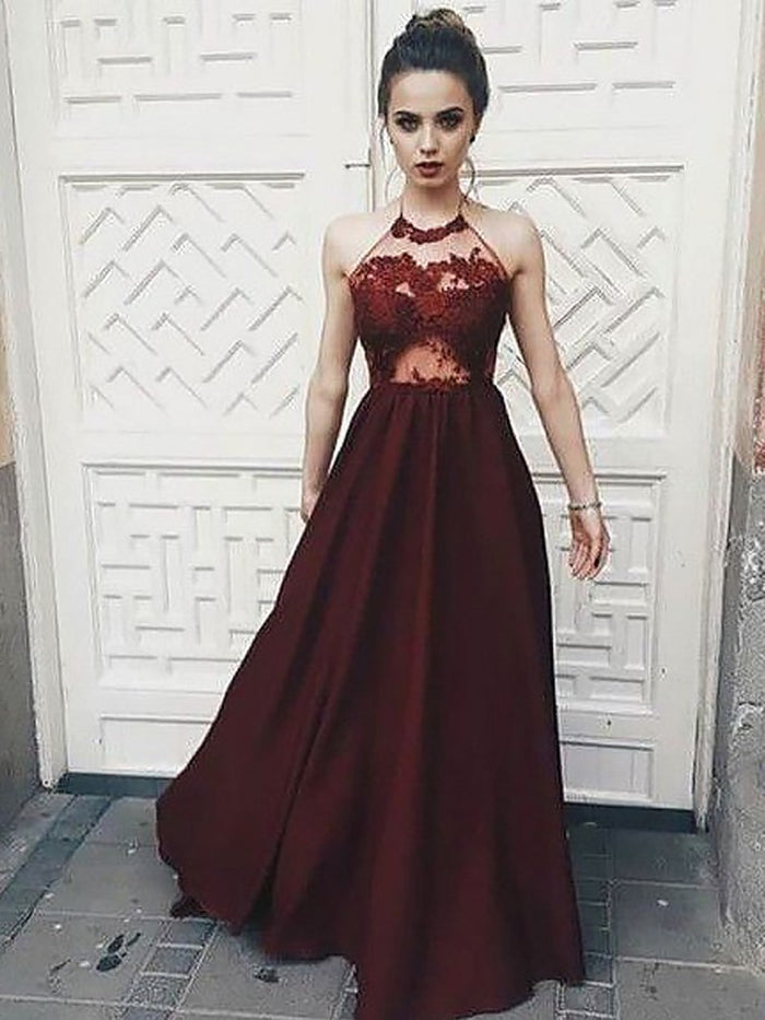 A Line High Neck Burgundy Lace Prom Dresses, Burgundy Lace Formal Graduation Evening Dresses