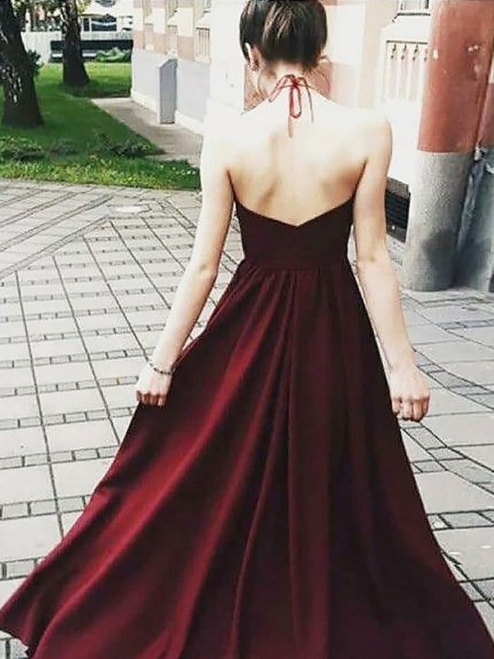 A Line High Neck Burgundy Lace Prom Dresses, Burgundy Lace Formal Graduation Evening Dresses