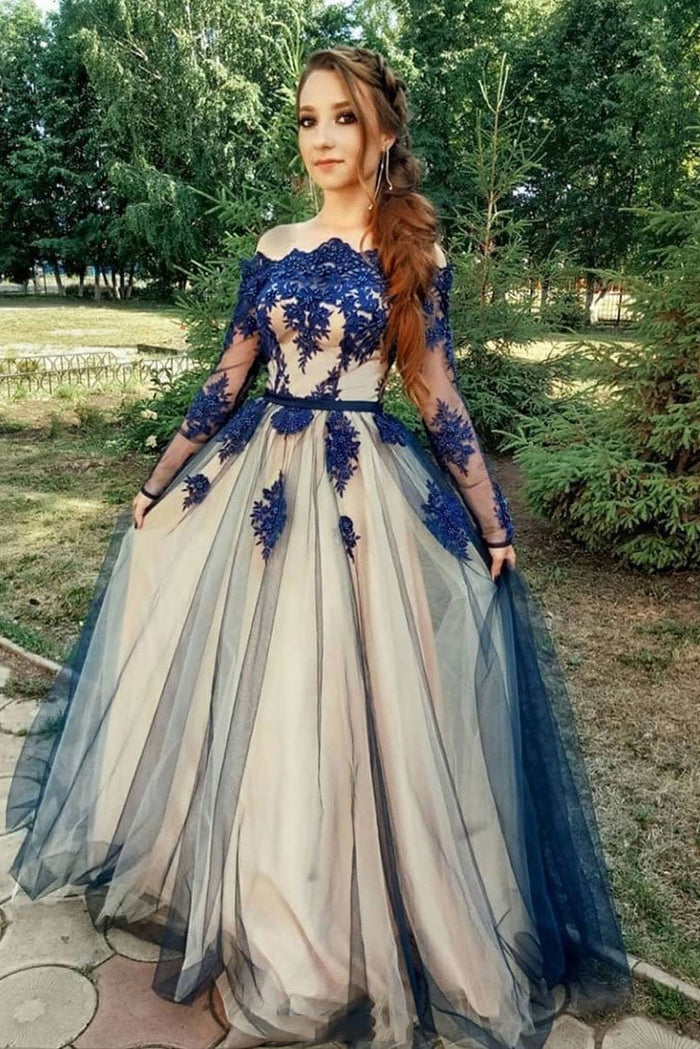 A Line Long Sleeves Blue Lace Prom Dresses, Long Sleeves Blue Lace Formal Graduation Homecoming Dresses