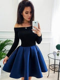 A Line Long Sleeves Short Blue Prom Dresses, Short Blue Long Sleeves Formal Homecoming Dresses