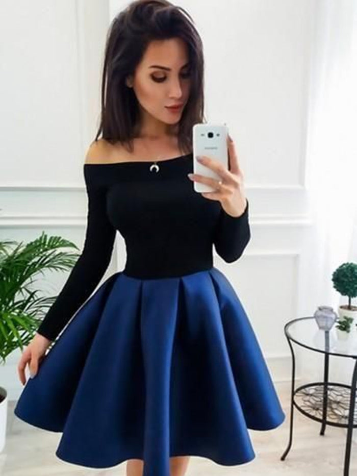 A Line Long Sleeves Short Blue Prom Dresses, Short Blue Long Sleeves Formal Homecoming Dresses