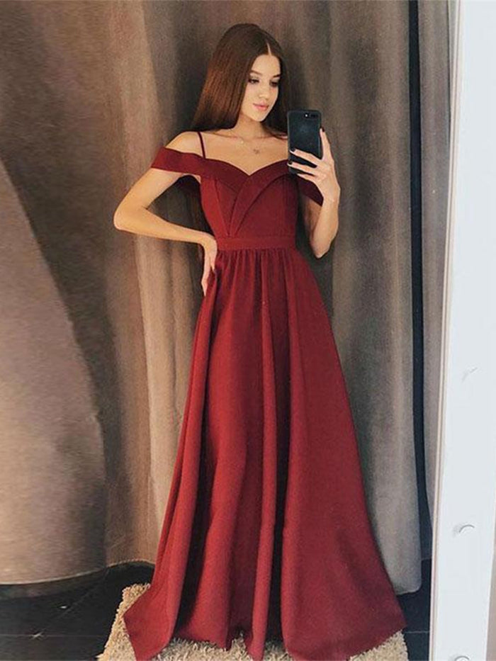 A Line Off Shoulder Burgundy Prom Dresses, Burgundy Formal Dresses, Evening Dresses