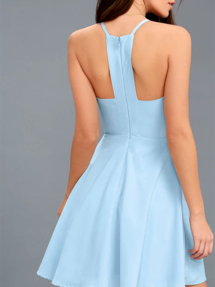A Line Open Back Short Sky Blue Prom Dresses, Short Blue Formal Dresses, Light Blue Graduation Homecoming Dresses