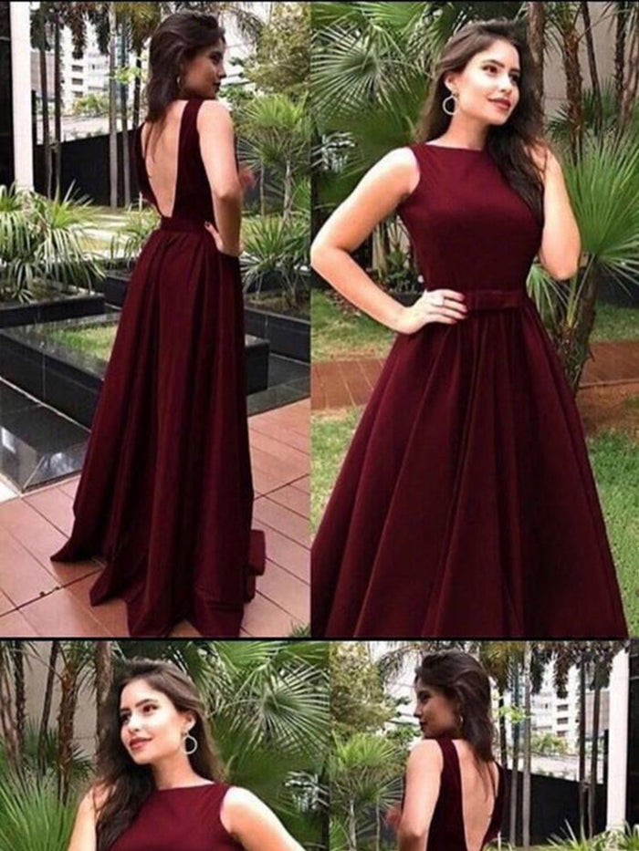 A Line Round Neck Backless Burgundy Prom Dresses, Long Burgundy Formal Dresses, Graduation Dresses