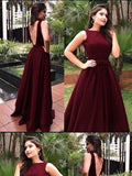 A Line Round Neck Backless Burgundy Prom Dresses, Long Burgundy Formal Dresses, Graduation Dresses