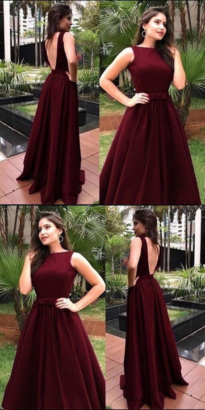 A Line Round Neck Backless Burgundy Prom Dresses, Long Burgundy Formal Dresses, Graduation Dresses