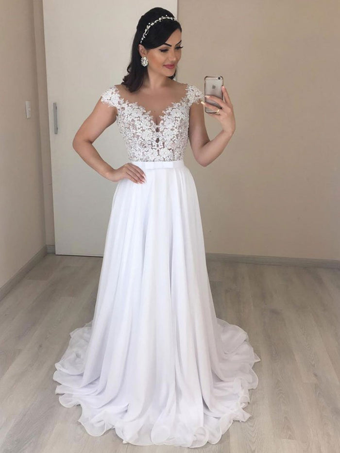 A Line Round Neck Backless White Prom Dresses, Backless White Wedding Formal Evening Dresses