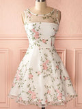 A Line Round Neck Short Lace Floral Prom Dresses, Short Lace Floral Formal Homecoming Dresses