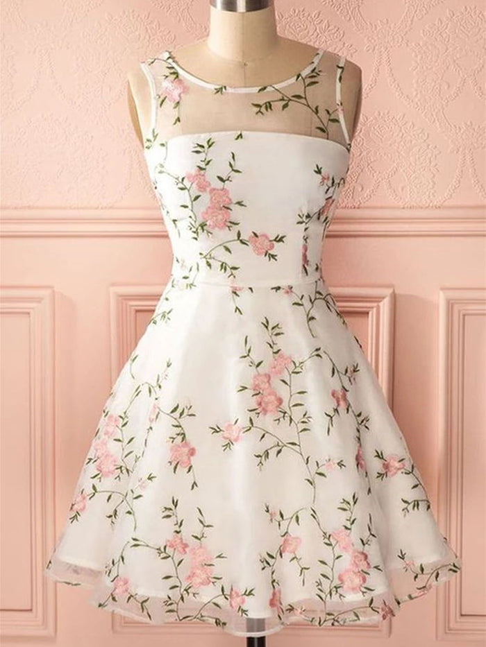 A Line Round Neck Short Lace Floral Prom Dresses, Short Lace Floral Formal Homecoming Dresses
