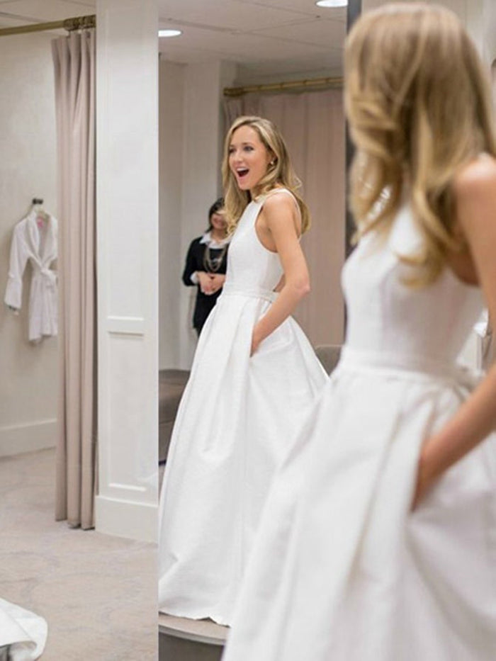 A Line Round Neck White Prom Dresses with Cross Back, White Wedding Dress with Pocket