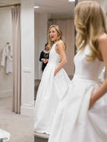 A Line Round Neck White Prom Dresses with Cross Back, White Wedding Dress with Pocket
