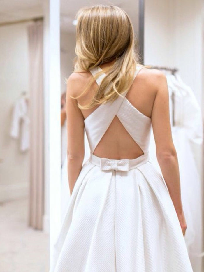 A Line Round Neck White Prom Dresses with Cross Back, White Wedding Dress with Pocket