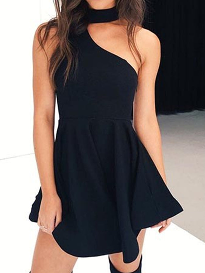 A Line Short Black/Champagne Prom Dress with Halter Neck, Short Black/Champagne Formal Graduation Homecoming Dresses
