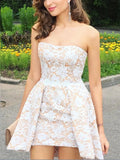 A Line Short Champagne Prom Dress with White Lace, Short Lace Formal Homecoming Bridesmaid Dresses