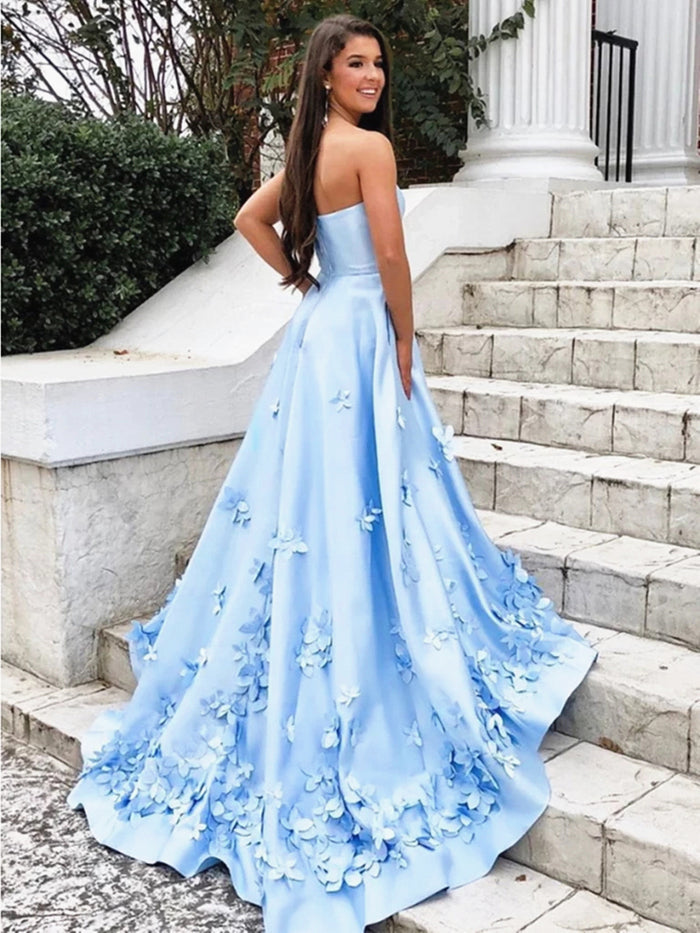 A Line Sky Blue Long Prom Dress with 3D Flowers, 3D Floral Long Blue Formal Evening Dresses