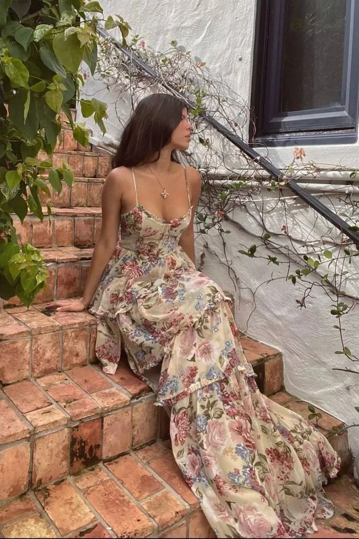 A Line Spaghetti Straps Floor Length Floral Evening Dress Chiffon Prom Dresses