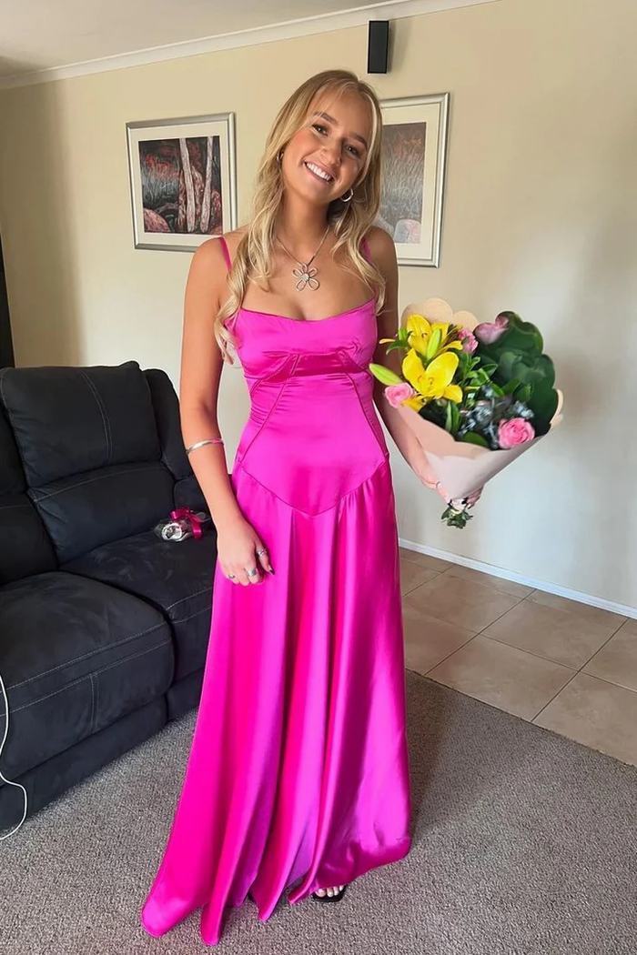 A Line Spaghetti Straps Hot Pink Long Satin Prom Dresses Formal Evening Dress