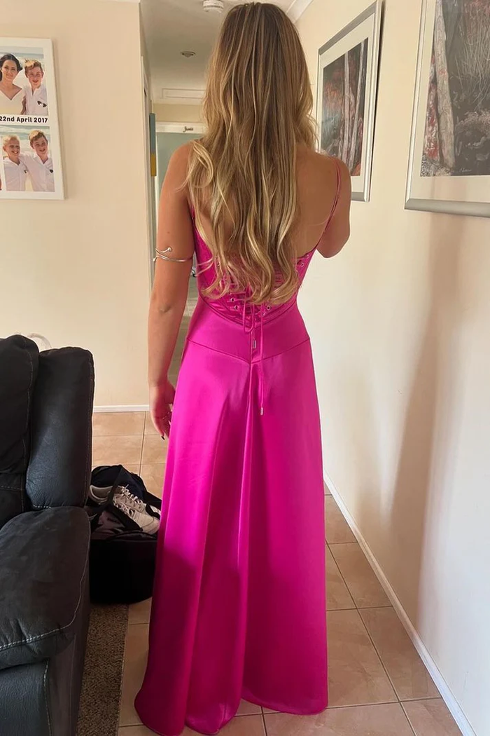 A Line Spaghetti Straps Hot Pink Long Satin Prom Dresses Formal Evening Dress