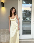 A Line Spaghetti Straps Yellow Satin Prom Dress Evening Dress Formal Dress