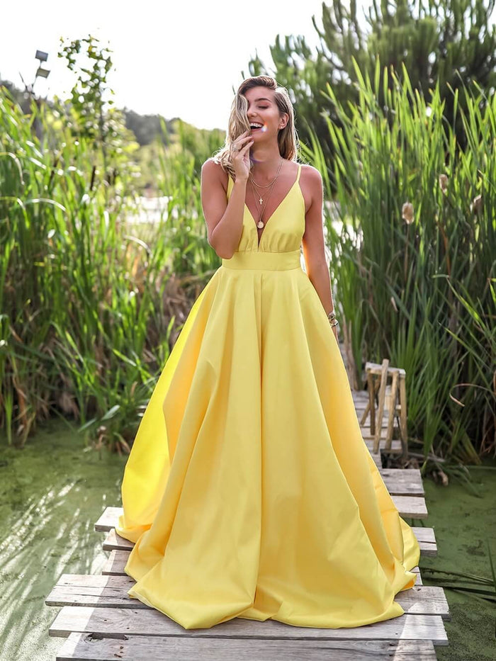 A Line Spaghetti Straps Yellow V Neck Backless Prom Dress, Yellow V Neck Backless Formal Graduation Evening Dresses