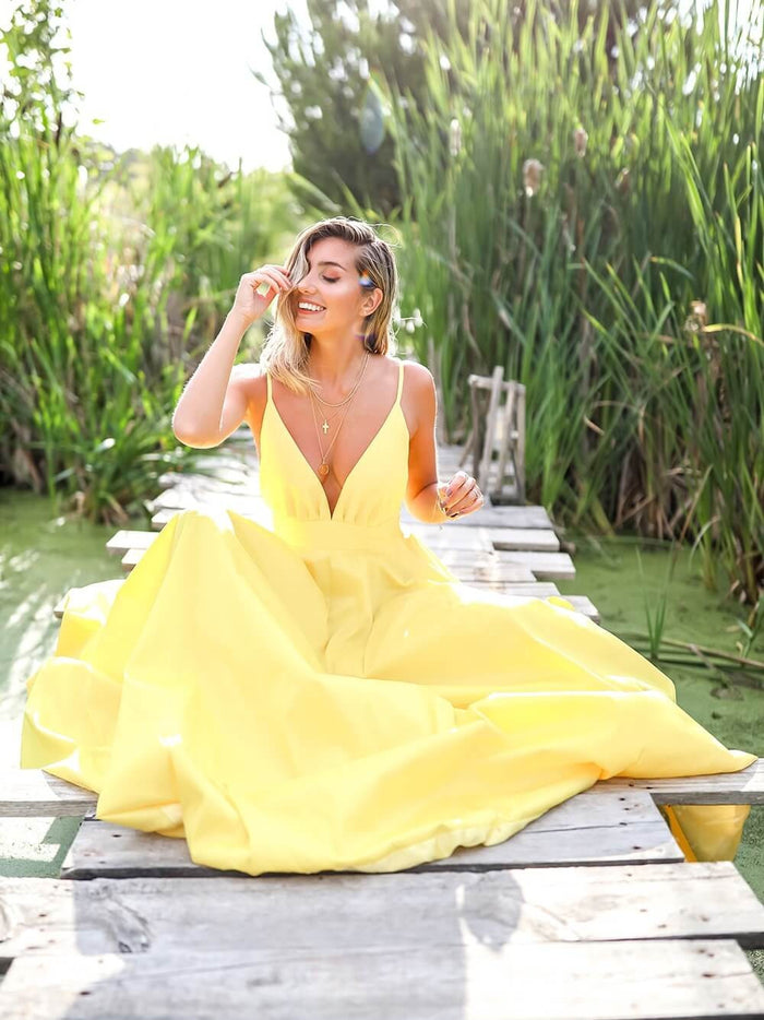 A Line Spaghetti Straps Yellow V Neck Backless Prom Dress, Yellow V Neck Backless Formal Graduation Evening Dresses