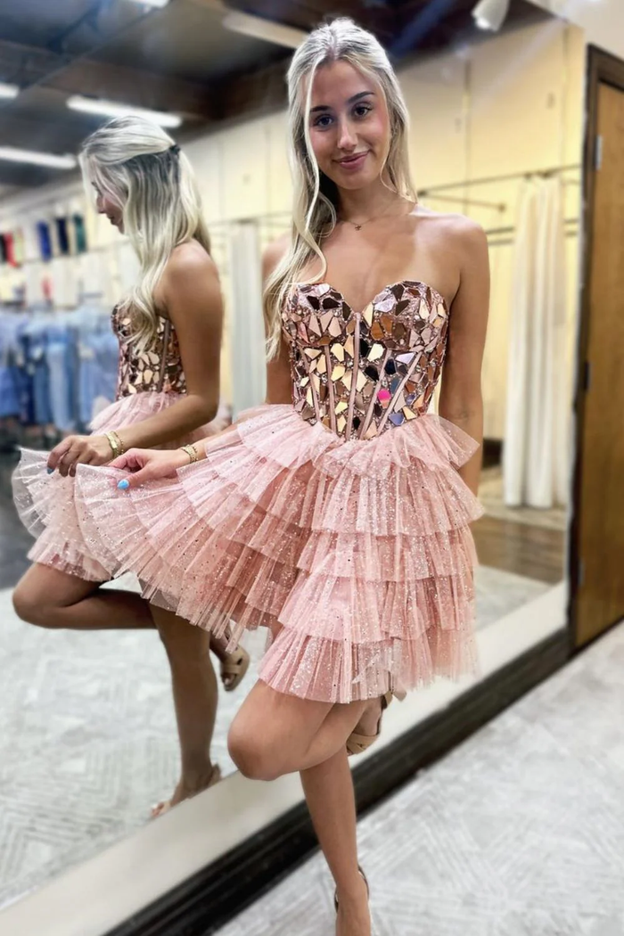 A-Line Strapless Blue Mirror-Cuts Glitter Tulle Short Homecoming Dresses