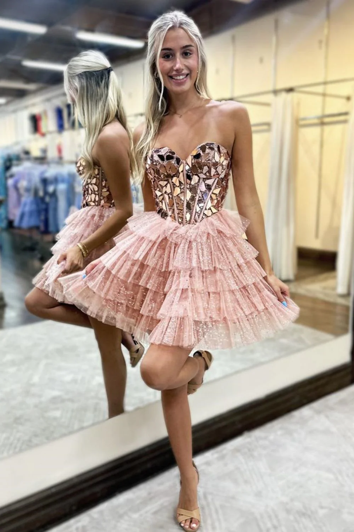 A-Line Strapless Blue Mirror-Cuts Glitter Tulle Short Homecoming Dresses