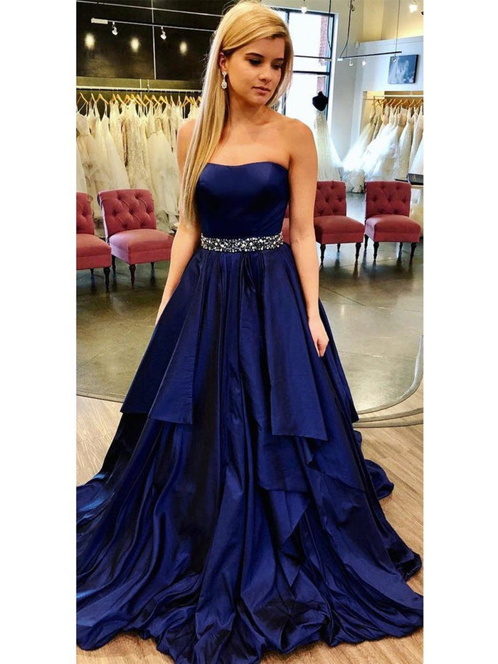 A Line Strapless Blue Prom Dresses, Blue Prom Gown, A Line Blue Formal Graduation Evening Dresses