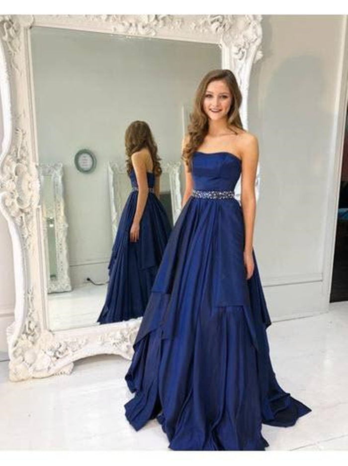 A Line Strapless Blue Prom Dresses, Blue Prom Gown, A Line Blue Formal Graduation Evening Dresses