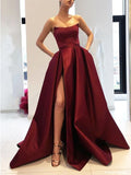A Line Strapless High Slit Burgundy/Pink/Navy Blue Prom Dresses, High Slit Formal Dresses, Graduation Dresses