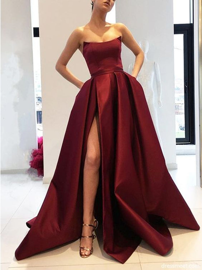 A Line Strapless High Slit Burgundy/Pink/Navy Blue Prom Dresses, High Slit Formal Dresses, Graduation Dresses