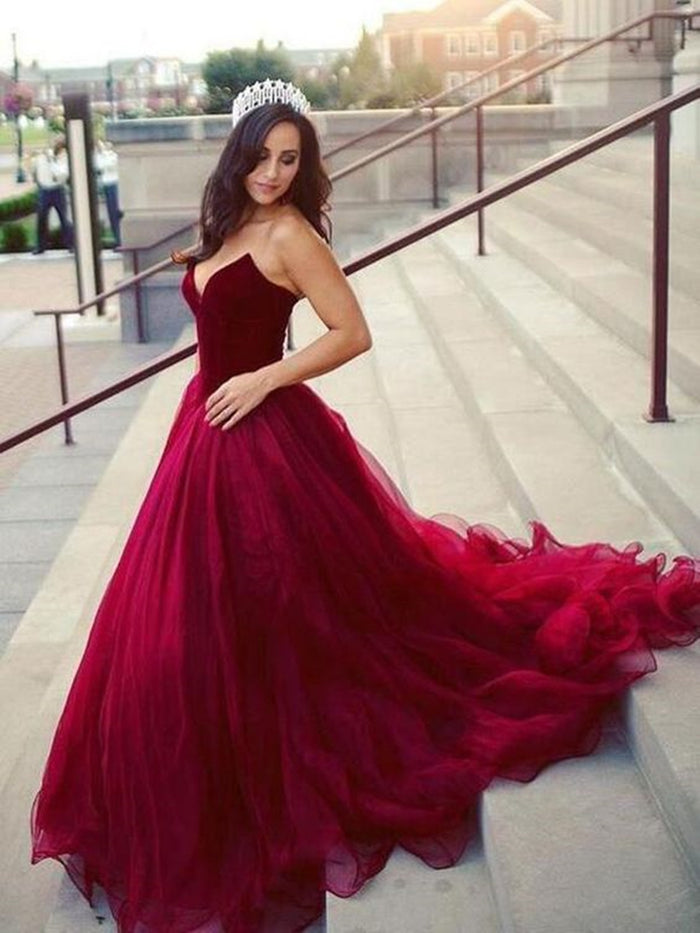 A Line Sweetheart Neck Burgundy Prom Dresses, Burgundy Evening Formal Graduation Dresses