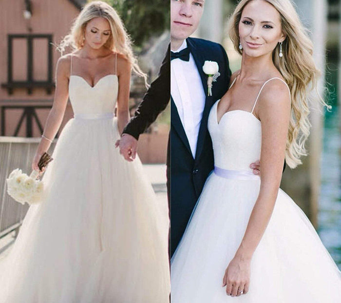 A Line Sweetheart Neck  Ivory Wedding Dress with Sash, Sweetheart Neck Formal Dresses