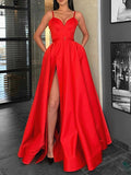 A Line Sweetheart Neck Red Long Prom Dresses with Leg Slit, Red Long Formal Graduation Evening Dresses