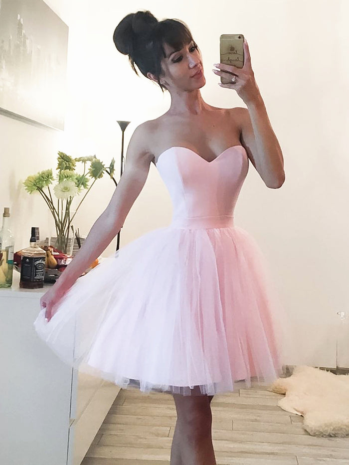 A Line Sweetheart Neck Short Pink Prom Dresses, Short Pink Formal Graduation Homecoming Dresses