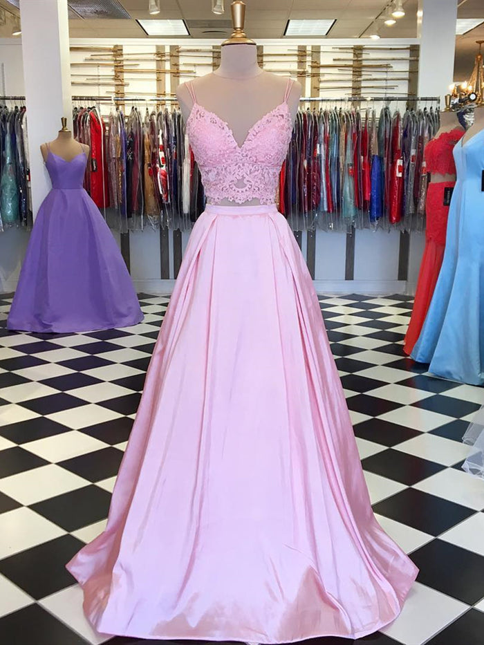 A Line V Neck 2 Pieces Pink Lace Prom Dresses, Pink 2 Pieces Lacce Formal Graduation Evening Dresses