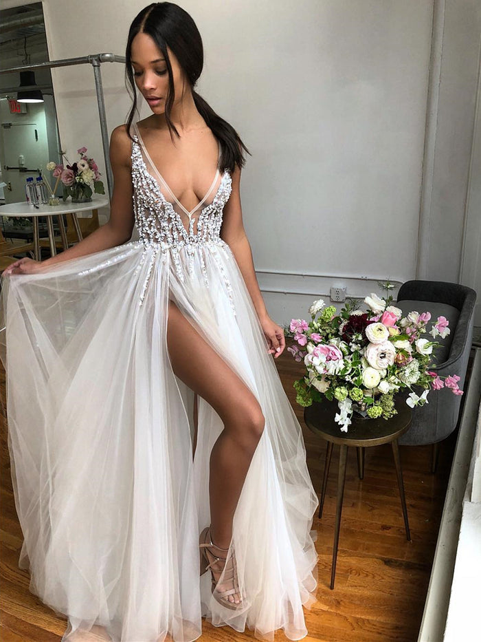 A Line V Neck Backless Beaded Tulle Prom Dresses, Ivory V Neck Backless Tulle Wedding Dresses, Evening Dresses